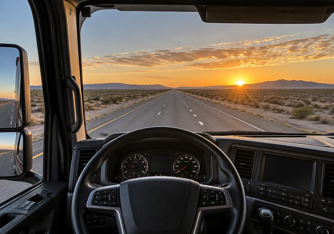 View from a truck cab onto an open highway at sunrise