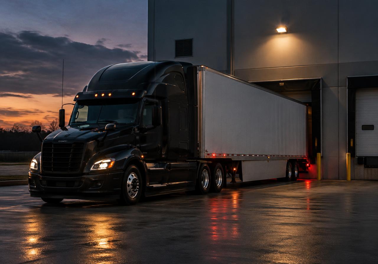 Semi-truck at a loading dock at dusk